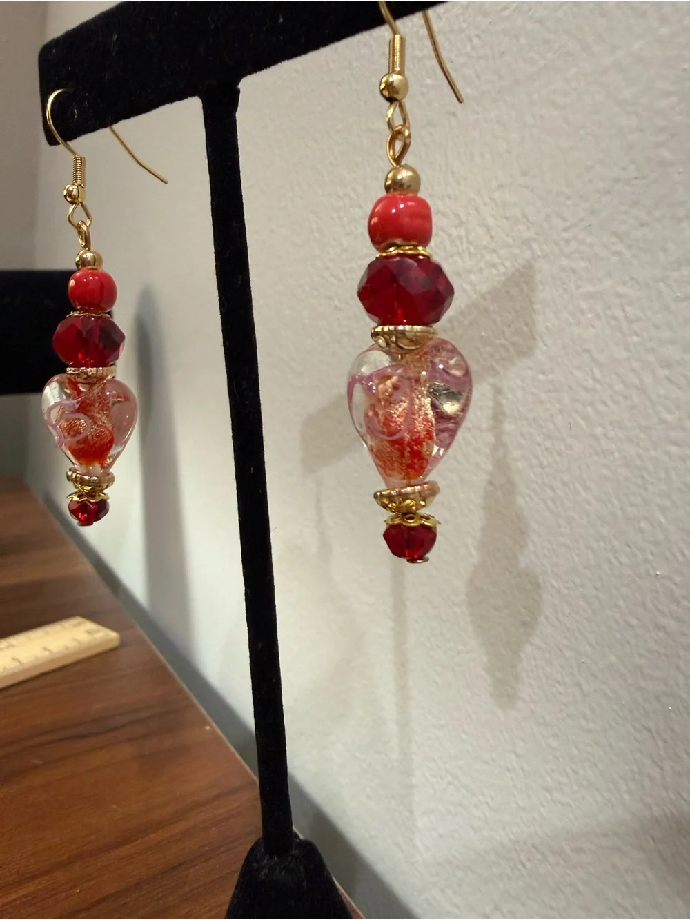 Red and Gold Heart Glass Drop Earrings